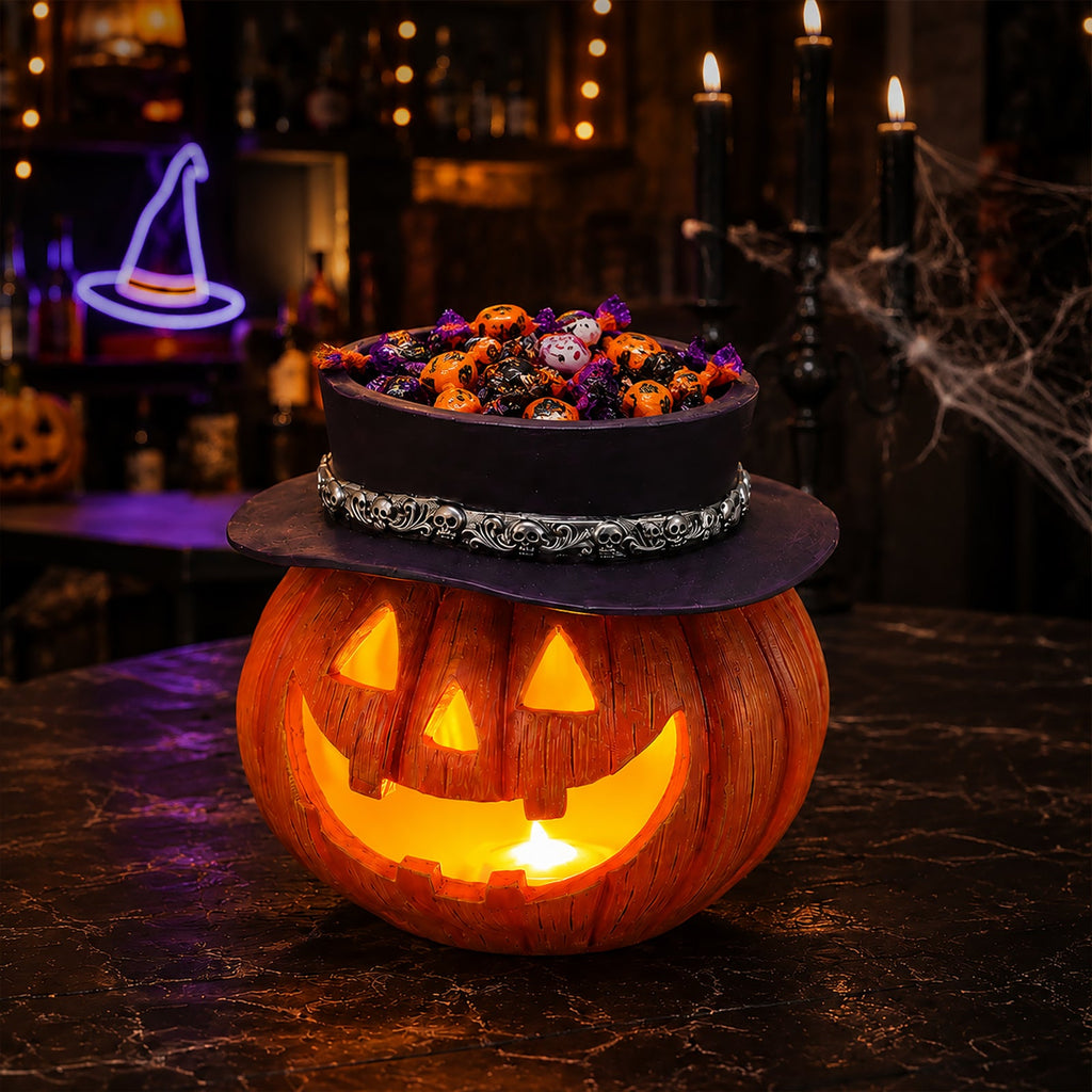 Halloween Pumpkin Candy Bowl with Witch Hat - Resin Halloween Decor
