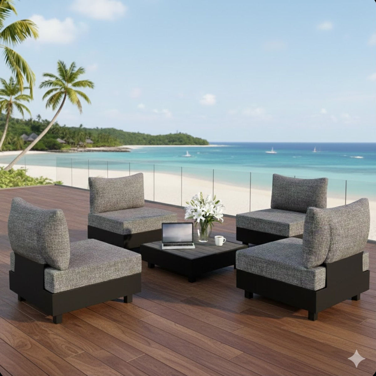 Gray Patio Sectional Set with Modular Armless Chairs and Coffee Table