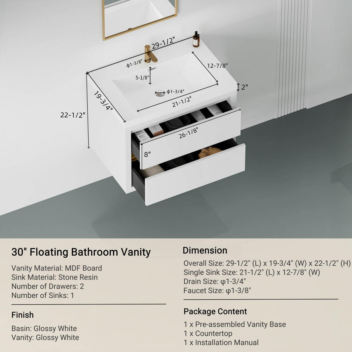 30" Wall-Mounted Bathroom Vanity with Stone Resin Countertop - Glossy Finish
