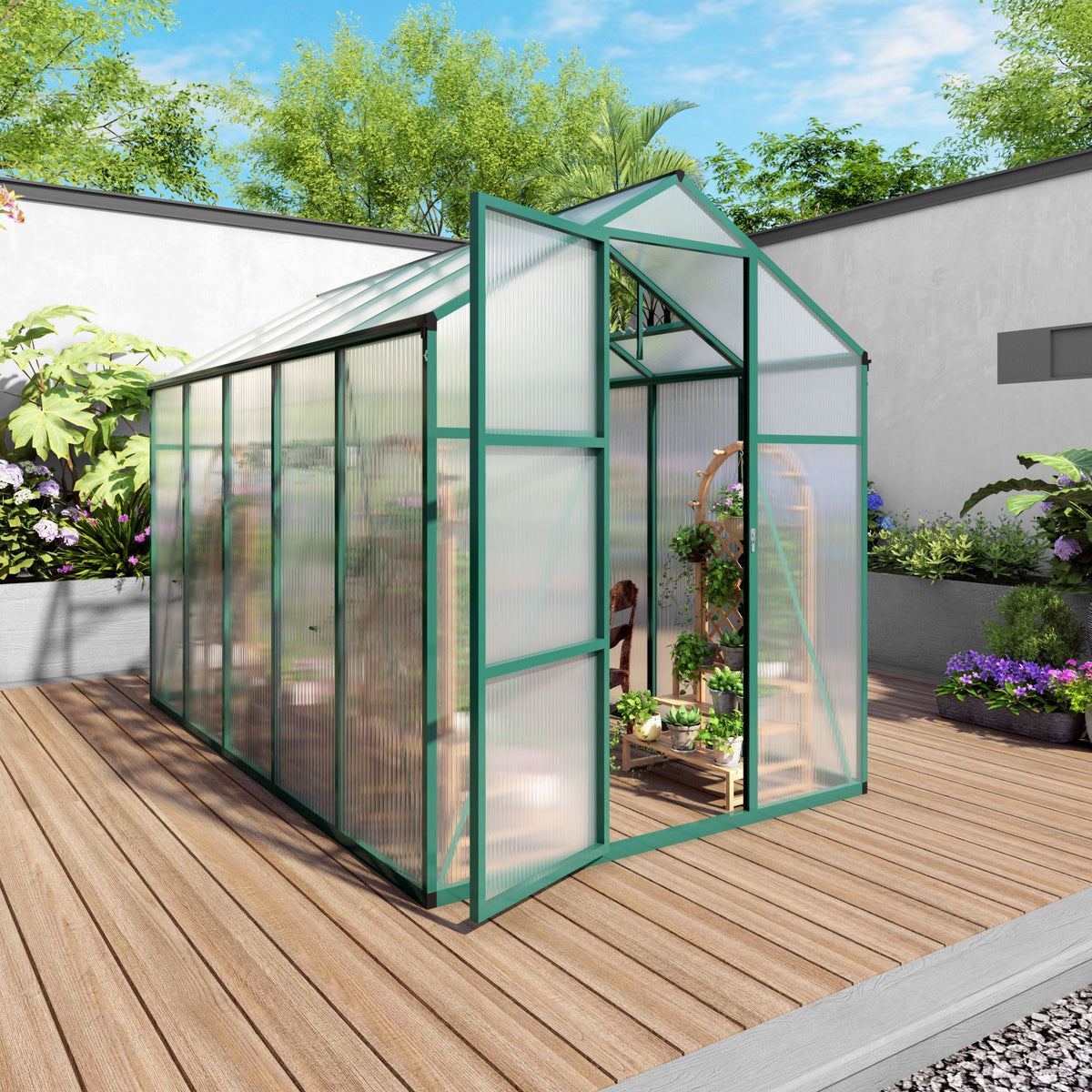 Polycarbonate Walk-In Greenhouse with Raised Base - Green