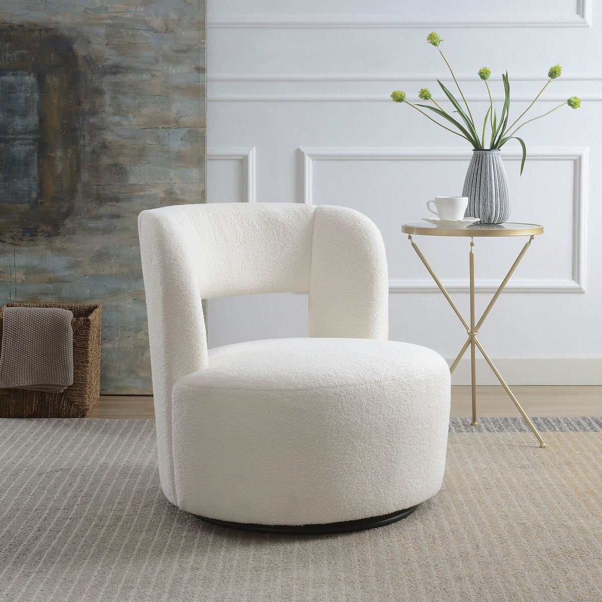Swivel Barrel Chair with Soft Teddy Fabric - Beige