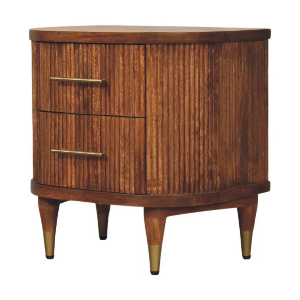 Solid Wood Ribbed Bedside Table with Ribbed Design - Amber Oak Finish
