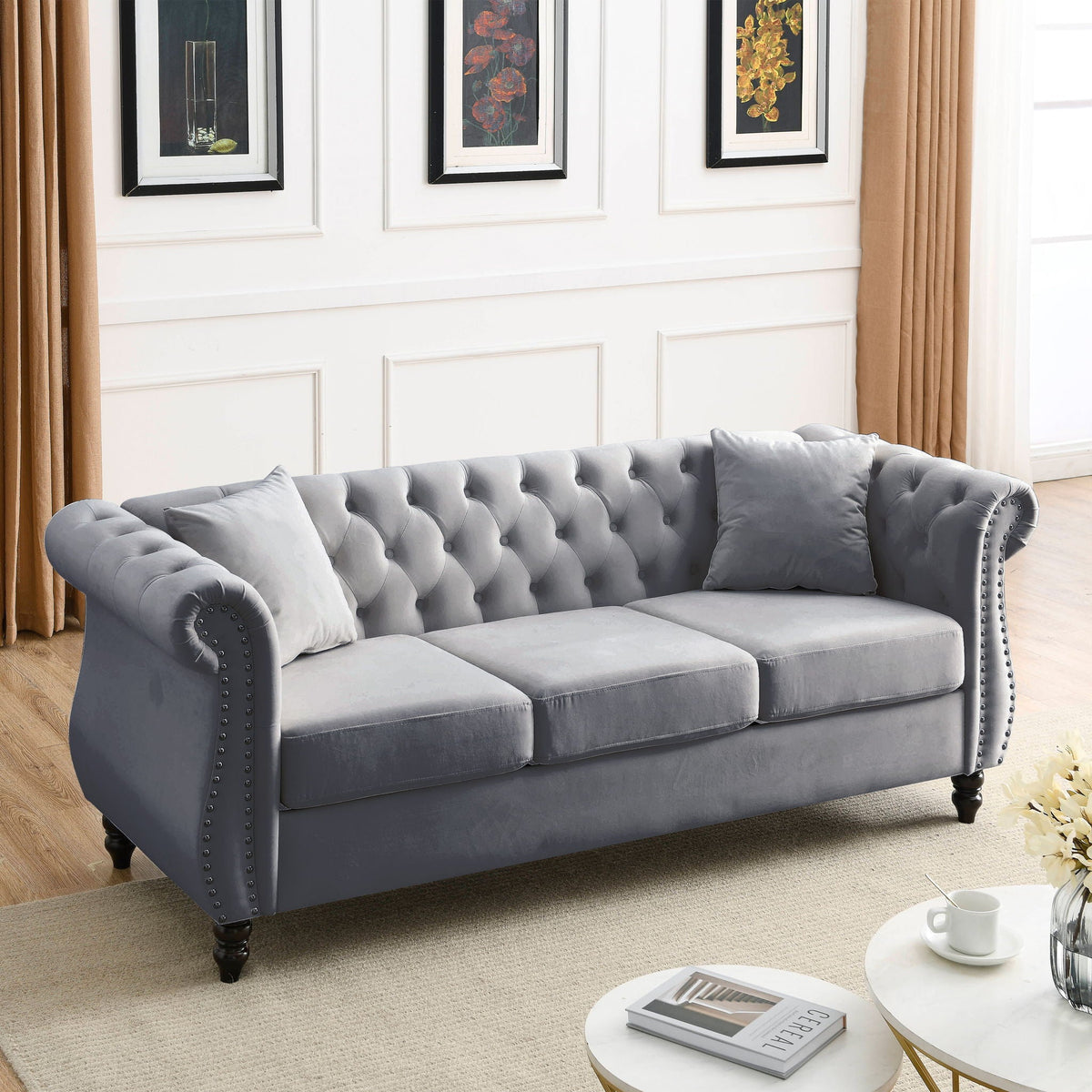 Chesterfield Sofa with Rolled Arms and Nailhead Trim – Solid Wood Frame