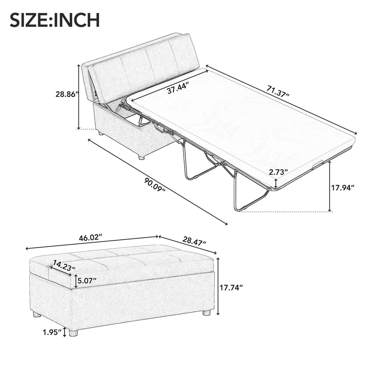 Twin Size Folding Ottoman Sleeper Bed with Mattress - Light Brown, Black, Dark Gray, White