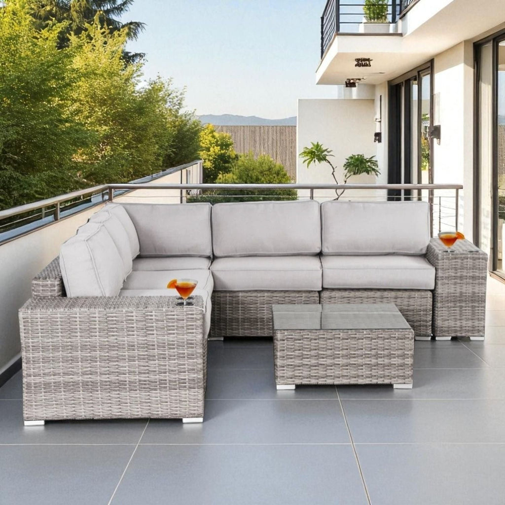Modern Patio Rattan Sectional Set with Cushions - Multiple Set Options