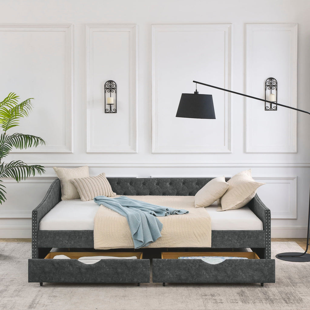 Upholstered Tufted Daybed with 2 Drawers and Waved Arms - Multiple Colors