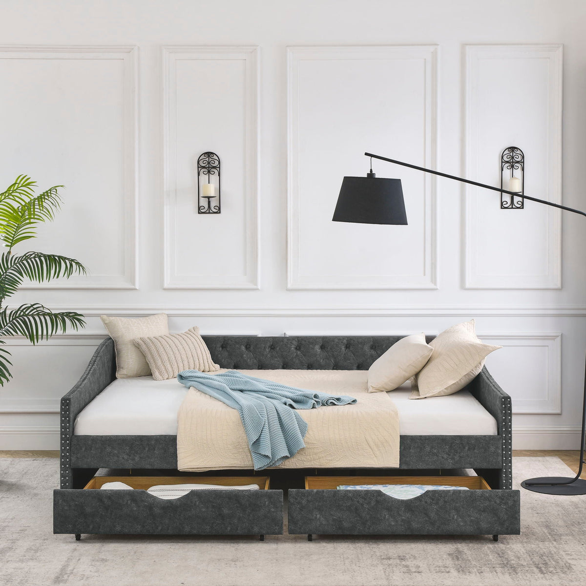 Upholstered Tufted Daybed with 2 Drawers and Waved Arms - Multiple Colors