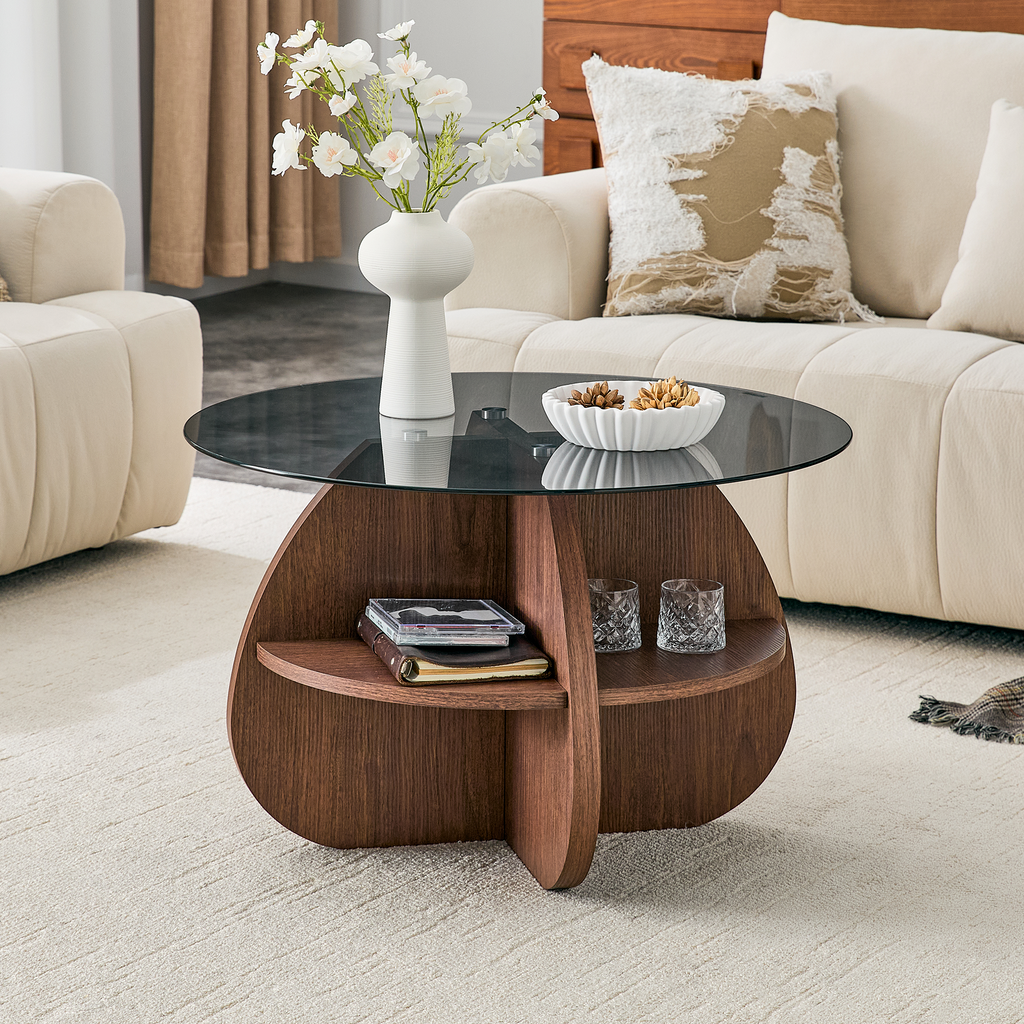 Creative Cross-Structure Round Coffee Table with Glass Top - Walnut Finish