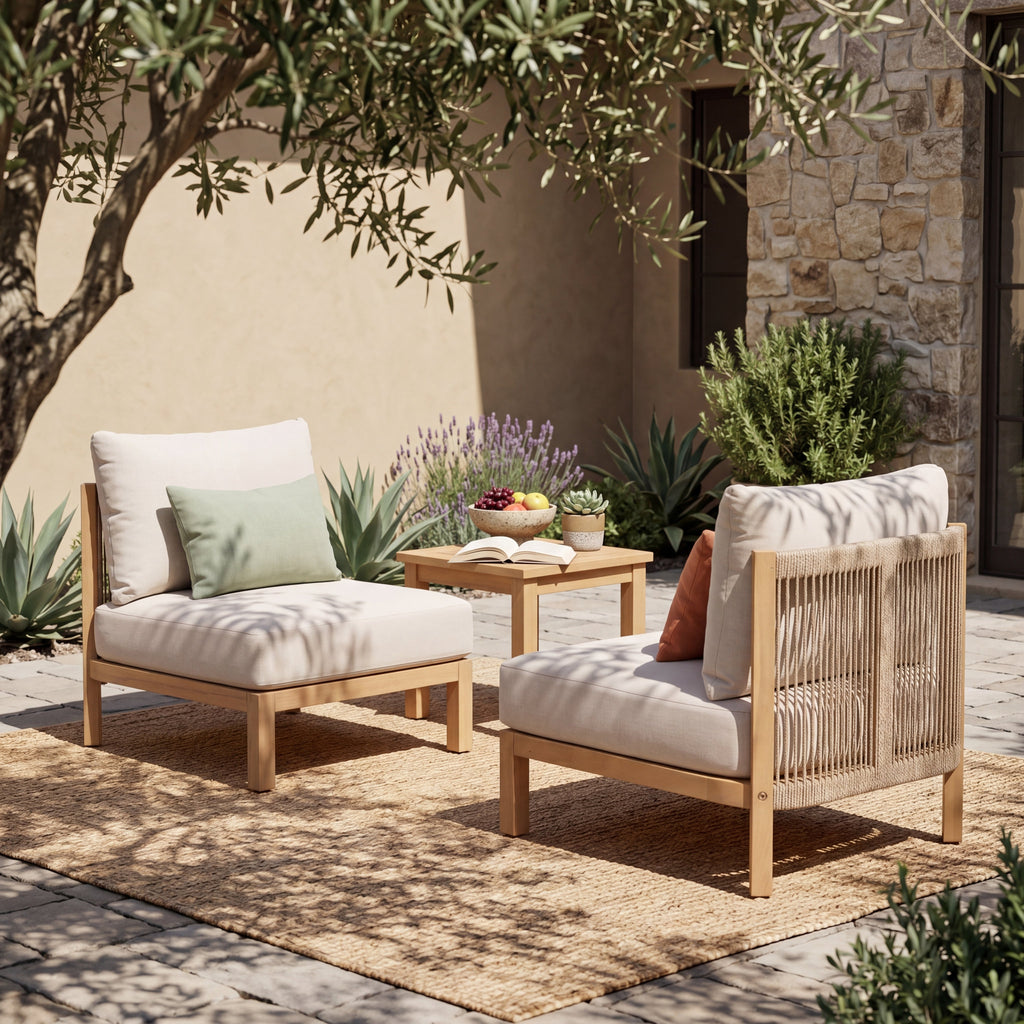 Acacia Wood Patio Club Chair Set of 2 with Rope Weave - Light Teak