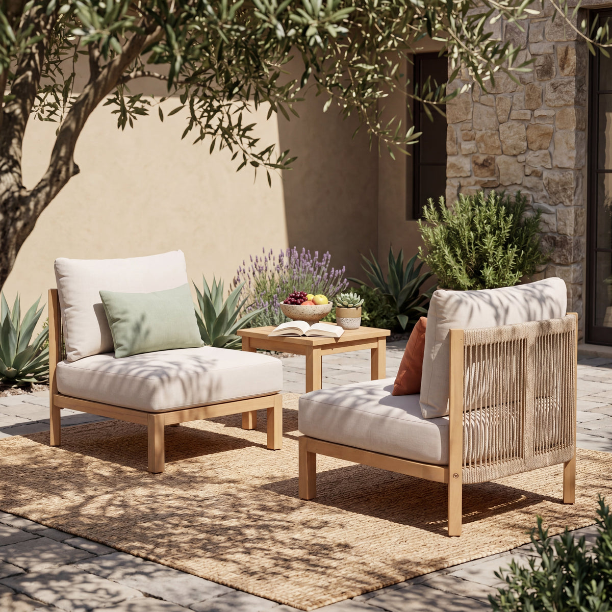 Acacia Wood Patio Club Chair Set of 2 with Rope Weave - Light Teak