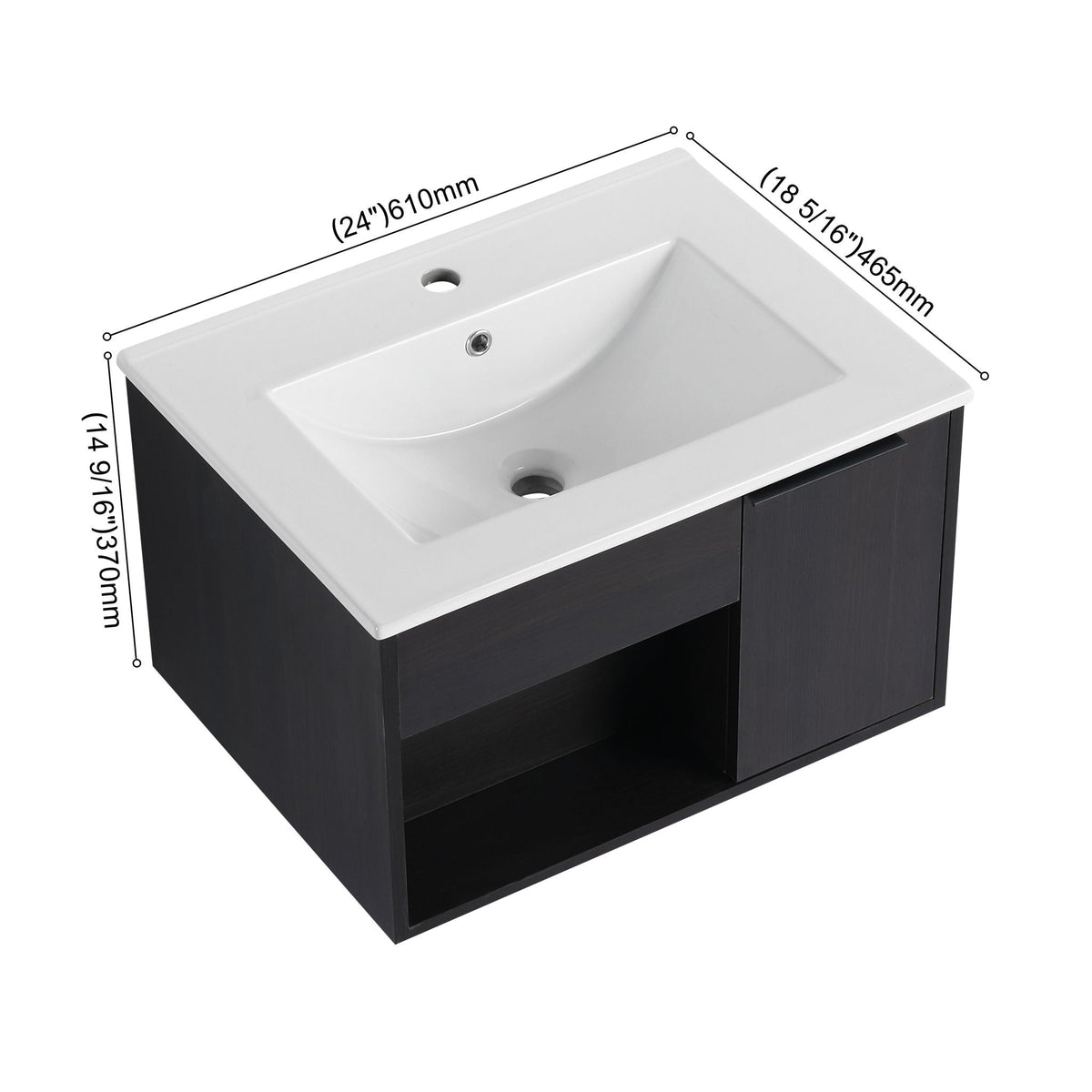 Wall Mounted Floating Bathroom Vanity with Open Shelf & Soft Close Door - Dark Brown