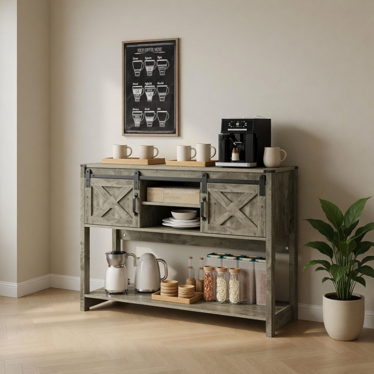 Farmhouse Entryway Table with Sliding Barn Door - Gray, Dark Gray, White, Black