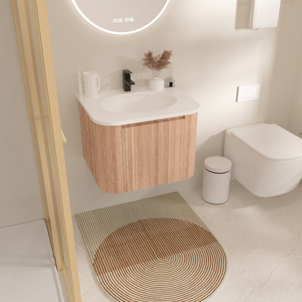 Light Brown Wall Mounted Bathroom Vanity with Sink - Curved Front