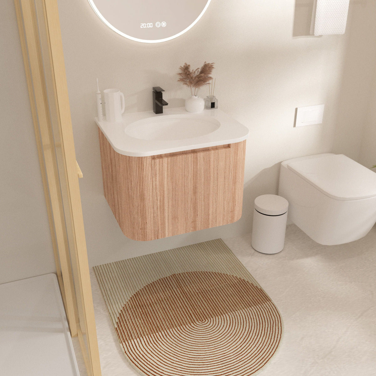 Light Brown Wall Mounted Bathroom Vanity with Sink - Curved Front