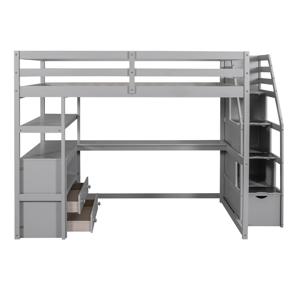 Loft Bed with Desk and Storage Staircase - Full or Twin, White or Gray
