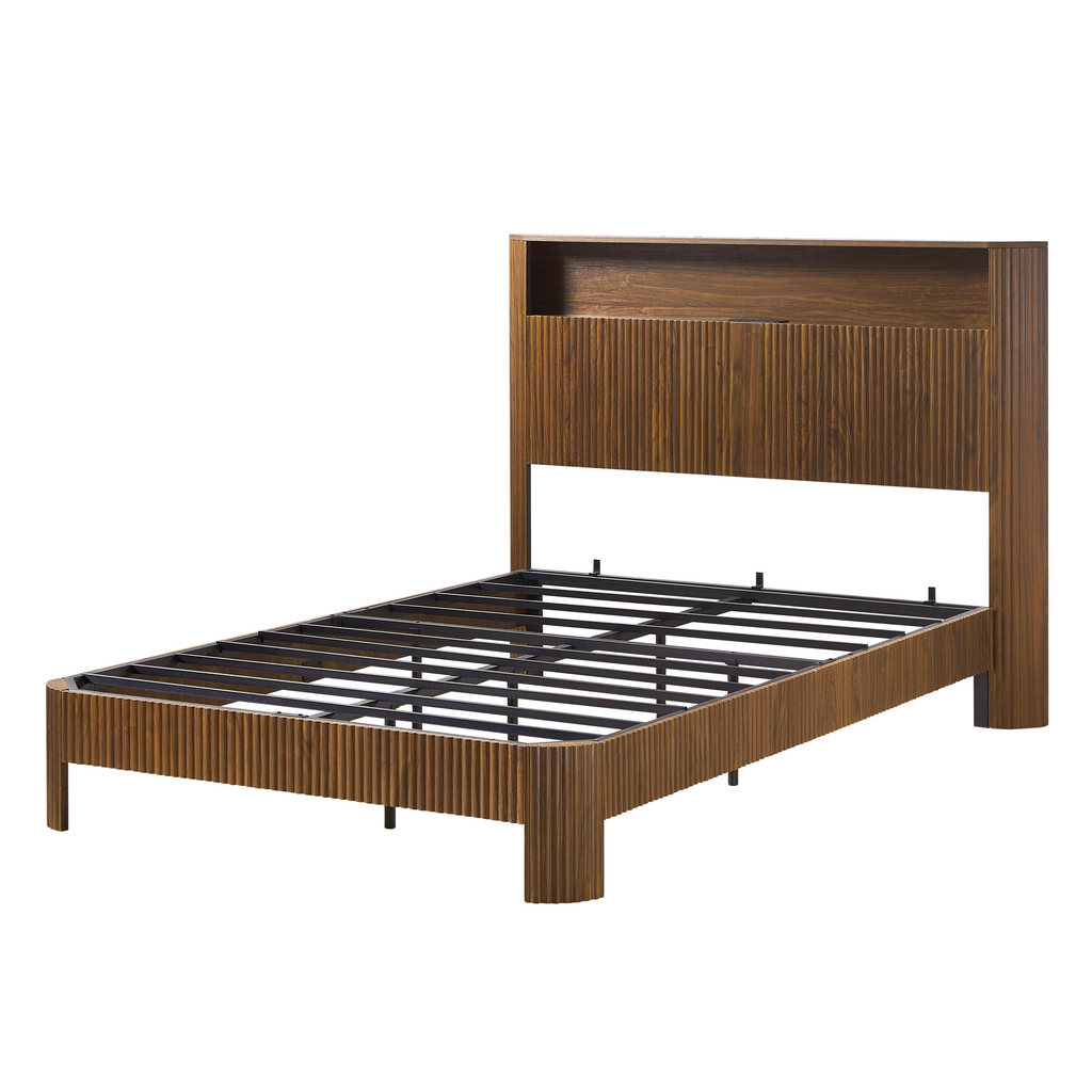 Full Extra Long Bed Frame with Storage Headboard and Built-in Charging Station - Walnut or Natural