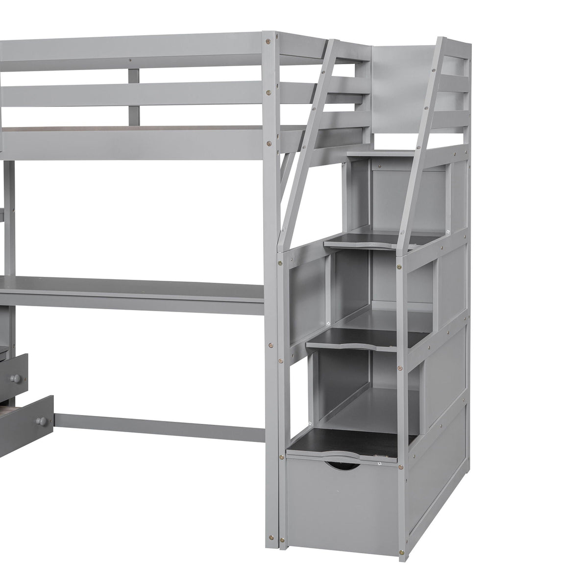 Loft Bed with Desk and Storage Staircase - Full or Twin, White or Gray