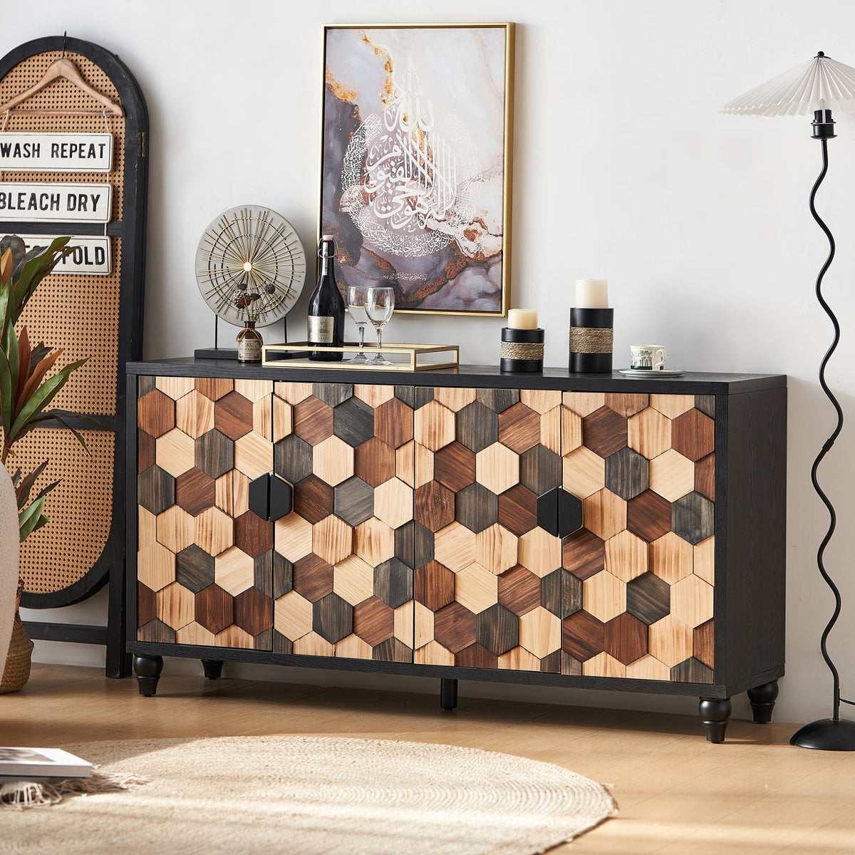 Distressed Storage Cabinet with Honeycomb Pattern - Engineered Wood