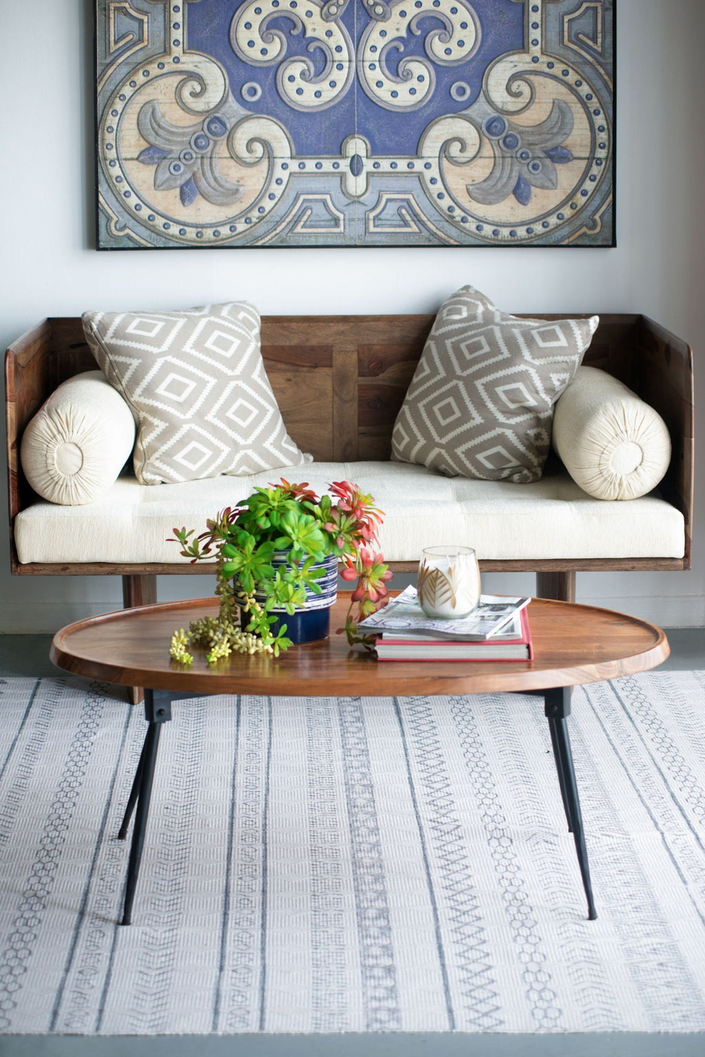 Oval Coffee Table with Acacia Wood and Iron Base - Brown