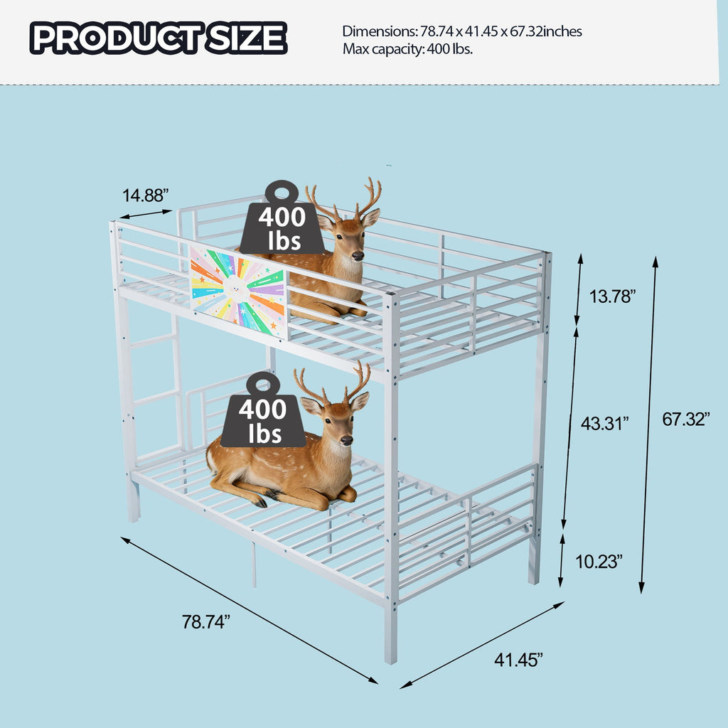 Convertible Metal Bunk Bed with Full-Length Guardrail and Ladder - White