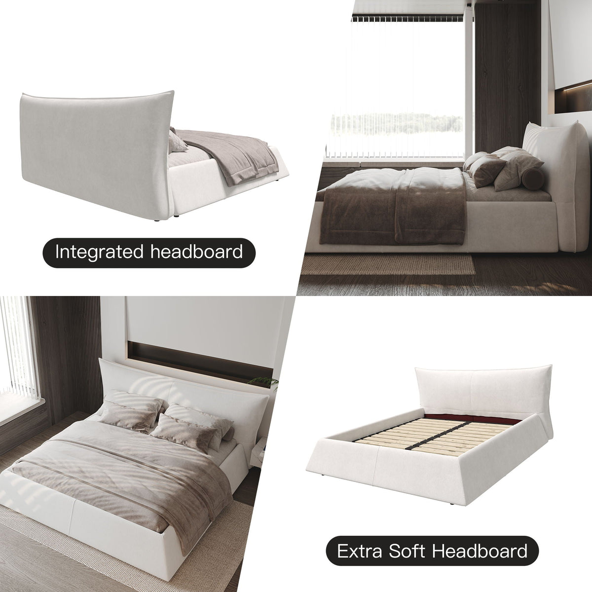 Upholstered Platform Bed with Special Shaped Headboard - Black or Beige