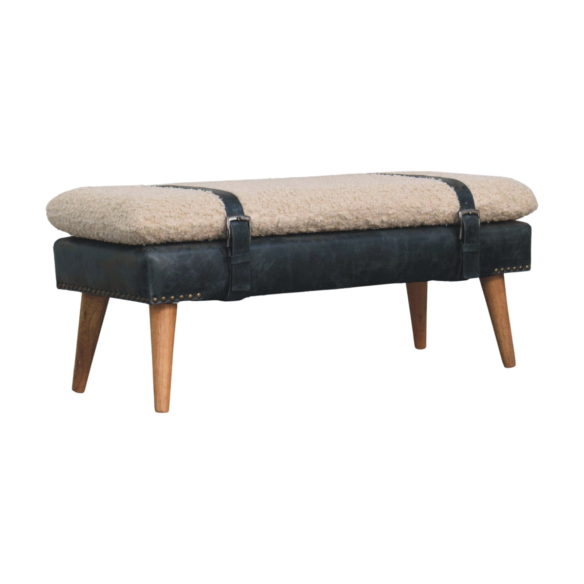 Boucle x Leather Upholstered Bench with Nordic Legs - Boucle & Leather