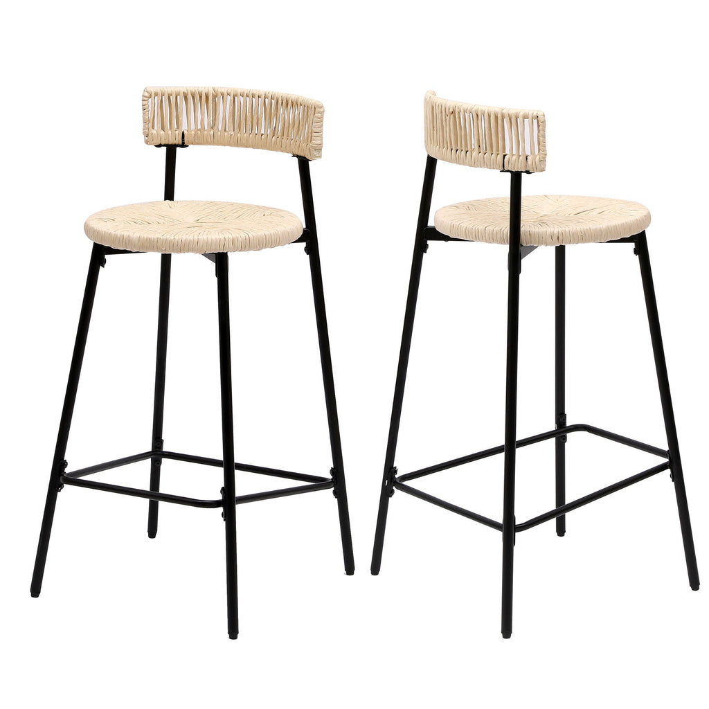 Boho Style Handwoven Paper Rope Counter Stools with Rubber Wood Frame - Light Brown or Beige