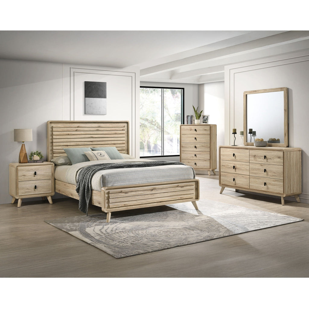 Light Brown Panel Bed with Slatted Headboard and Footboard - Wood