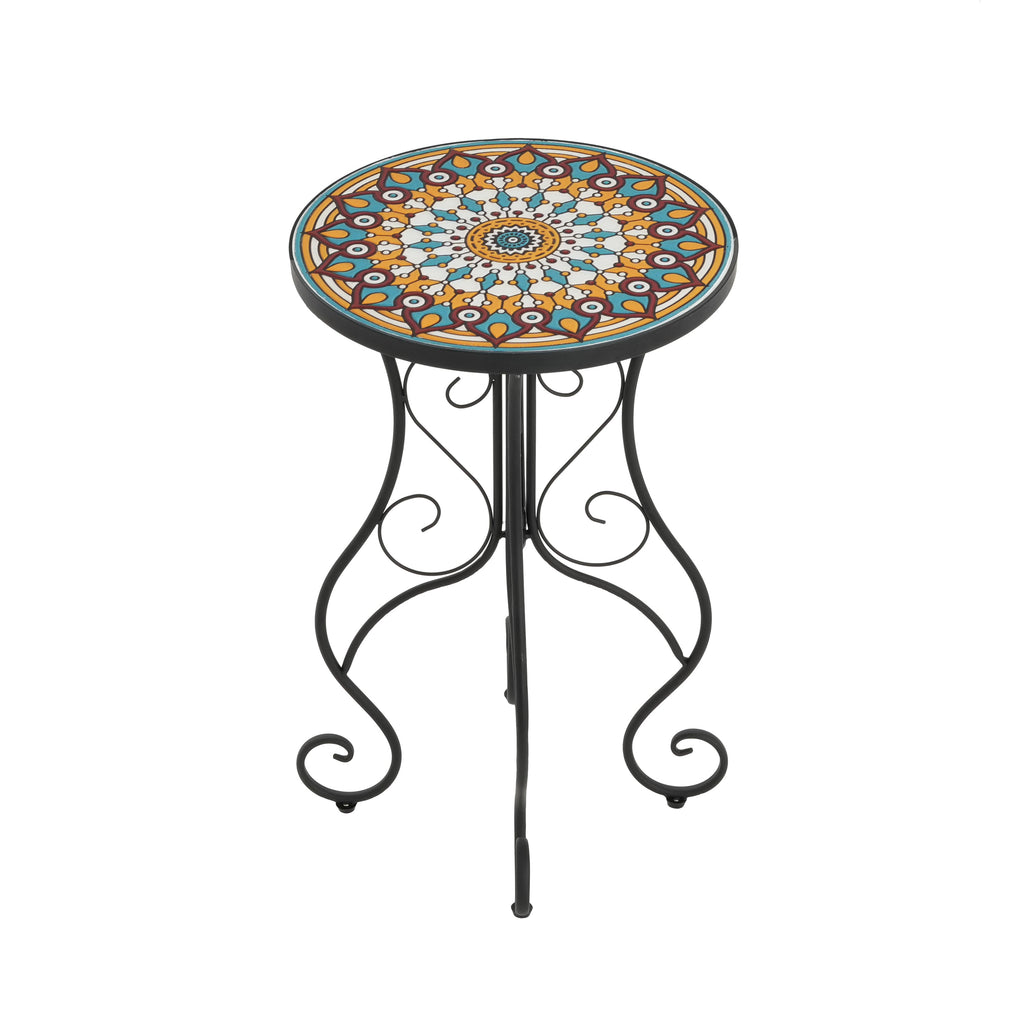 Round Ceramic Outdoor Side Table with Colorful Tile Top - Black