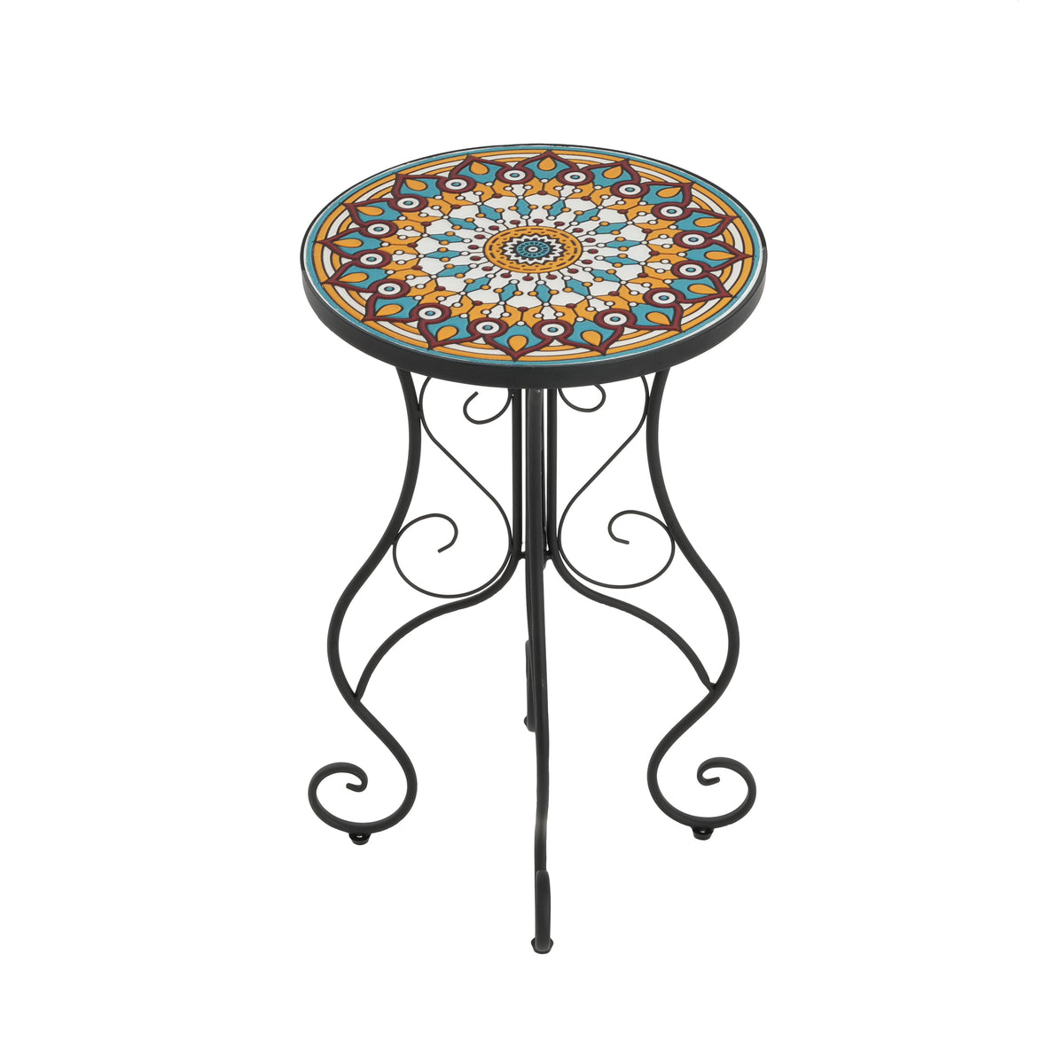 Round Ceramic Outdoor Side Table with Colorful Tile Top - Black
