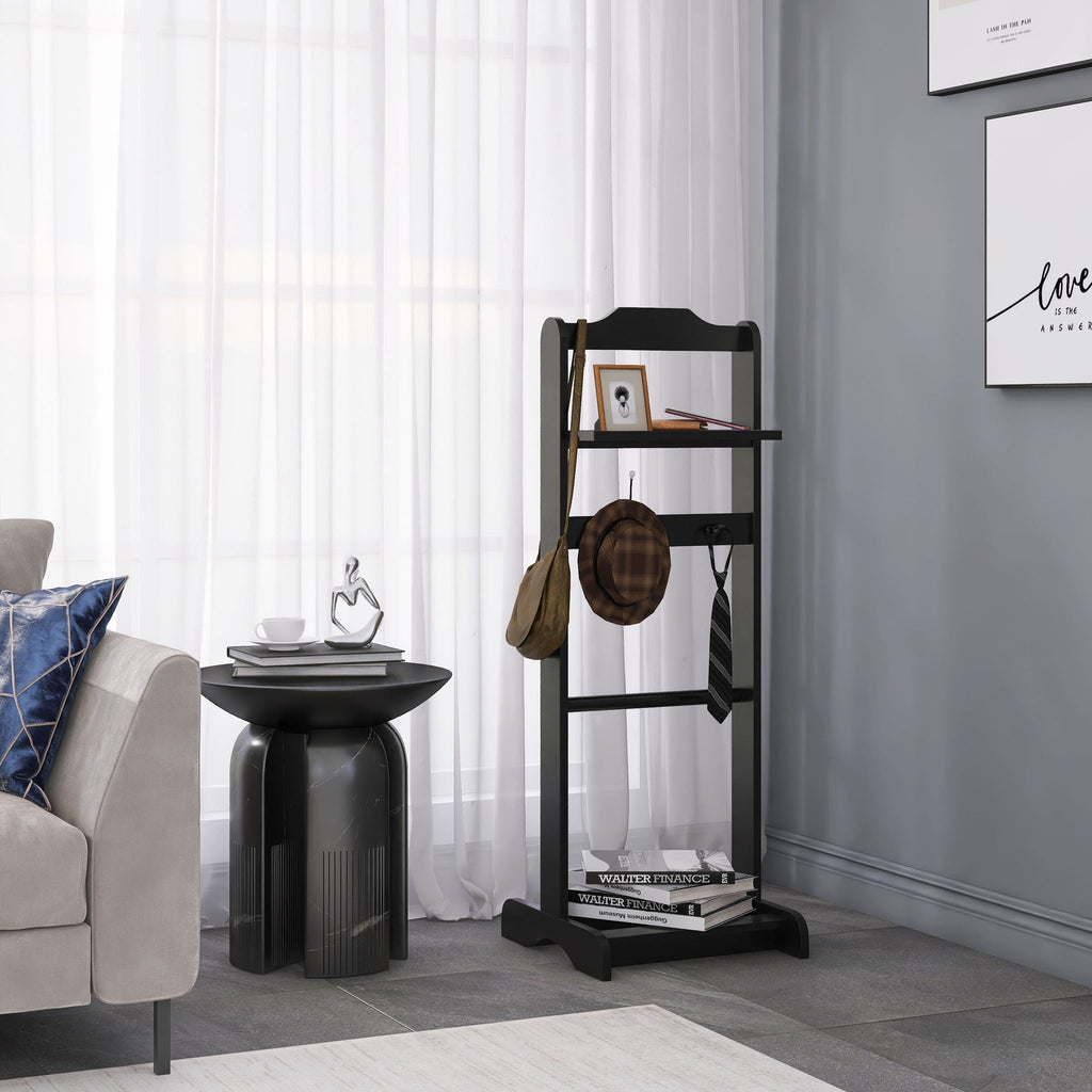 Black Garment Valet Stand with Storage Organizer - Portable Clothes Rack