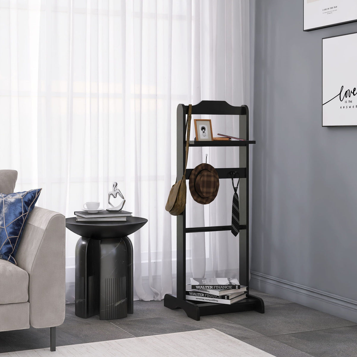 Black Garment Valet Stand with Storage Organizer - Portable Clothes Rack