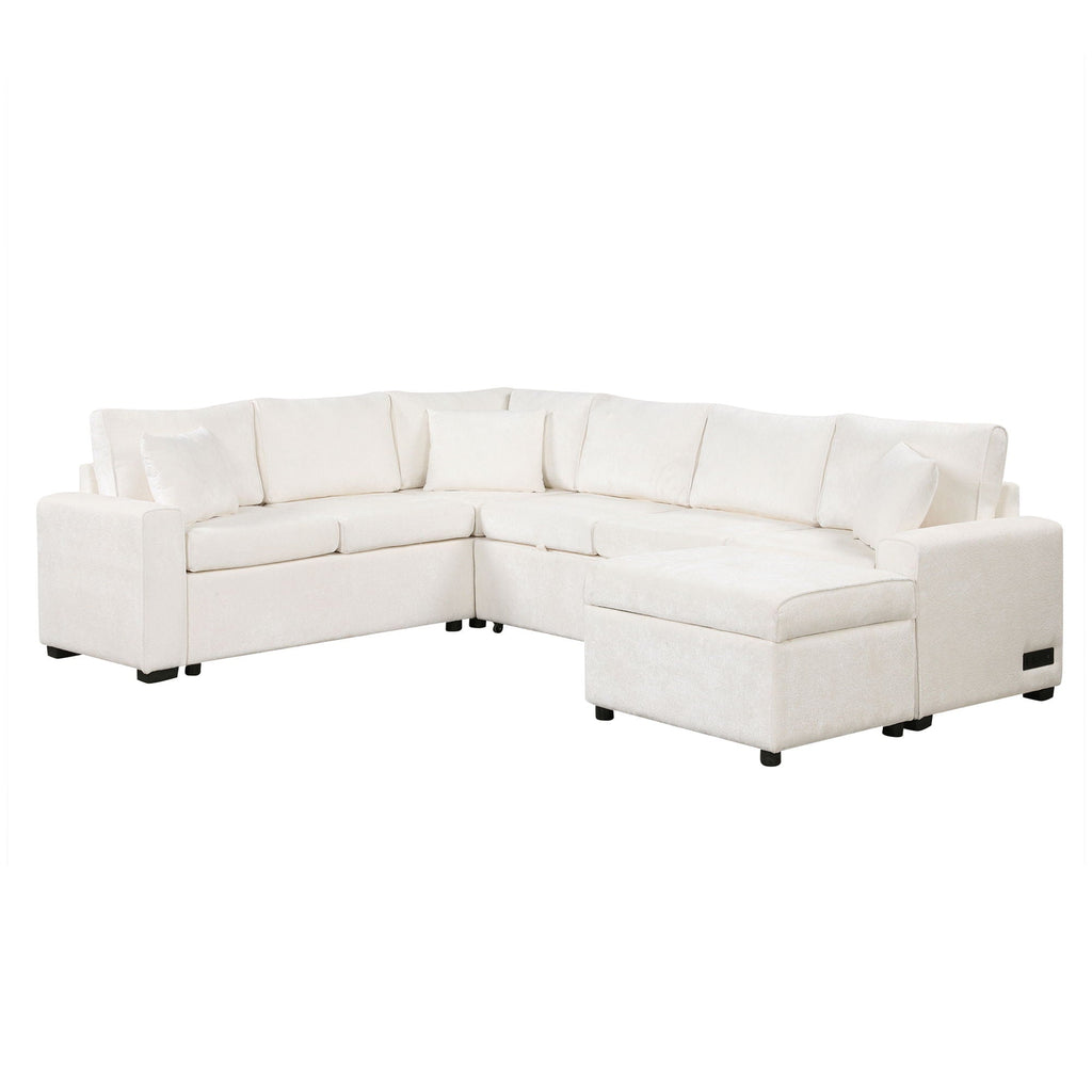 Sleeper Sectional Sofa with Storage Ottoman and USB Charging - White or Dark Gray
