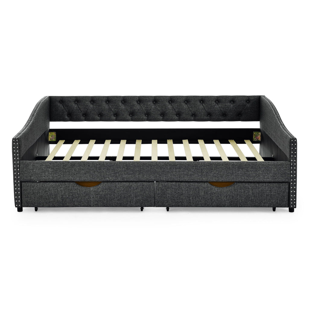 Upholstered Tufted Daybed with 2 Drawers and Waved Arms - Multiple Colors