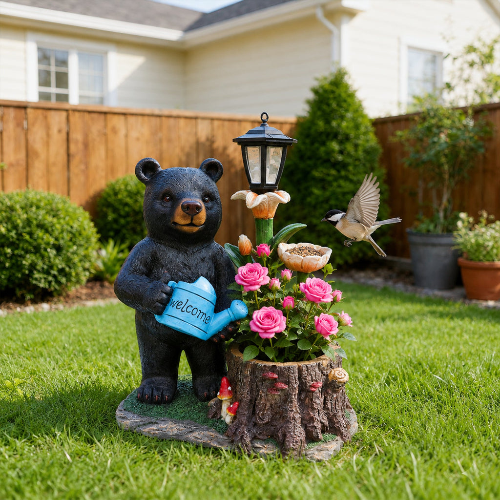 Standing Bear Statue with Lantern Planter - Rustic Resin