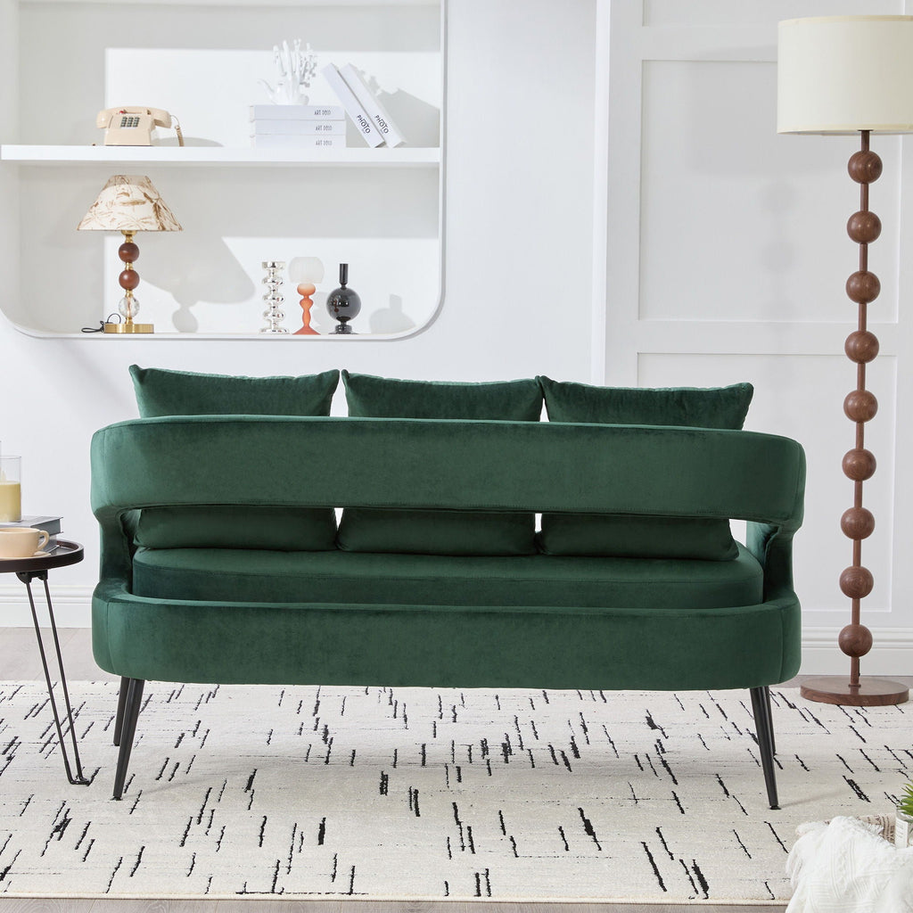 Open Back Loveseat Settee with 3 Pillows - Beige, Dark Green, or Dark Gray