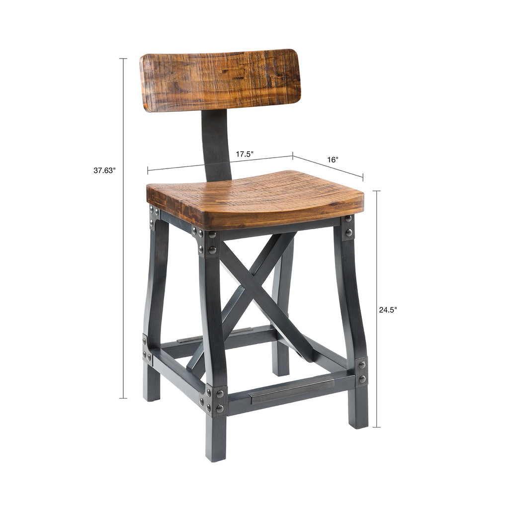 Industrial Counter Stool With Removable Back - Solid Acacia Wood - Amber