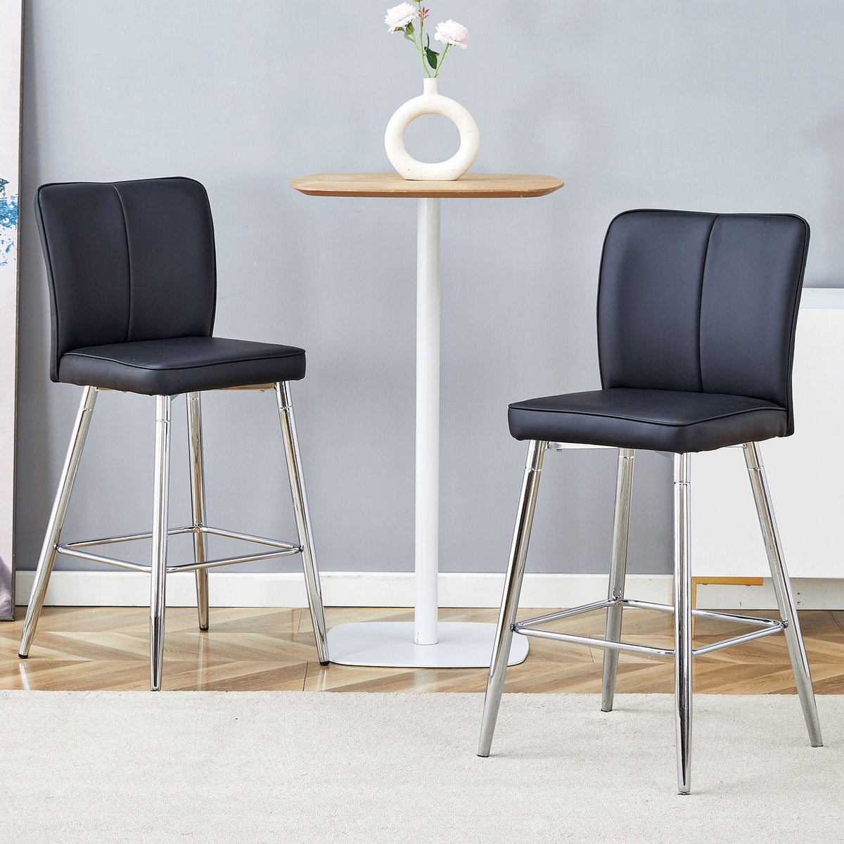 Modern Bar Chair Set with Streamlined Backrest and Metal Legs - Black/Silver