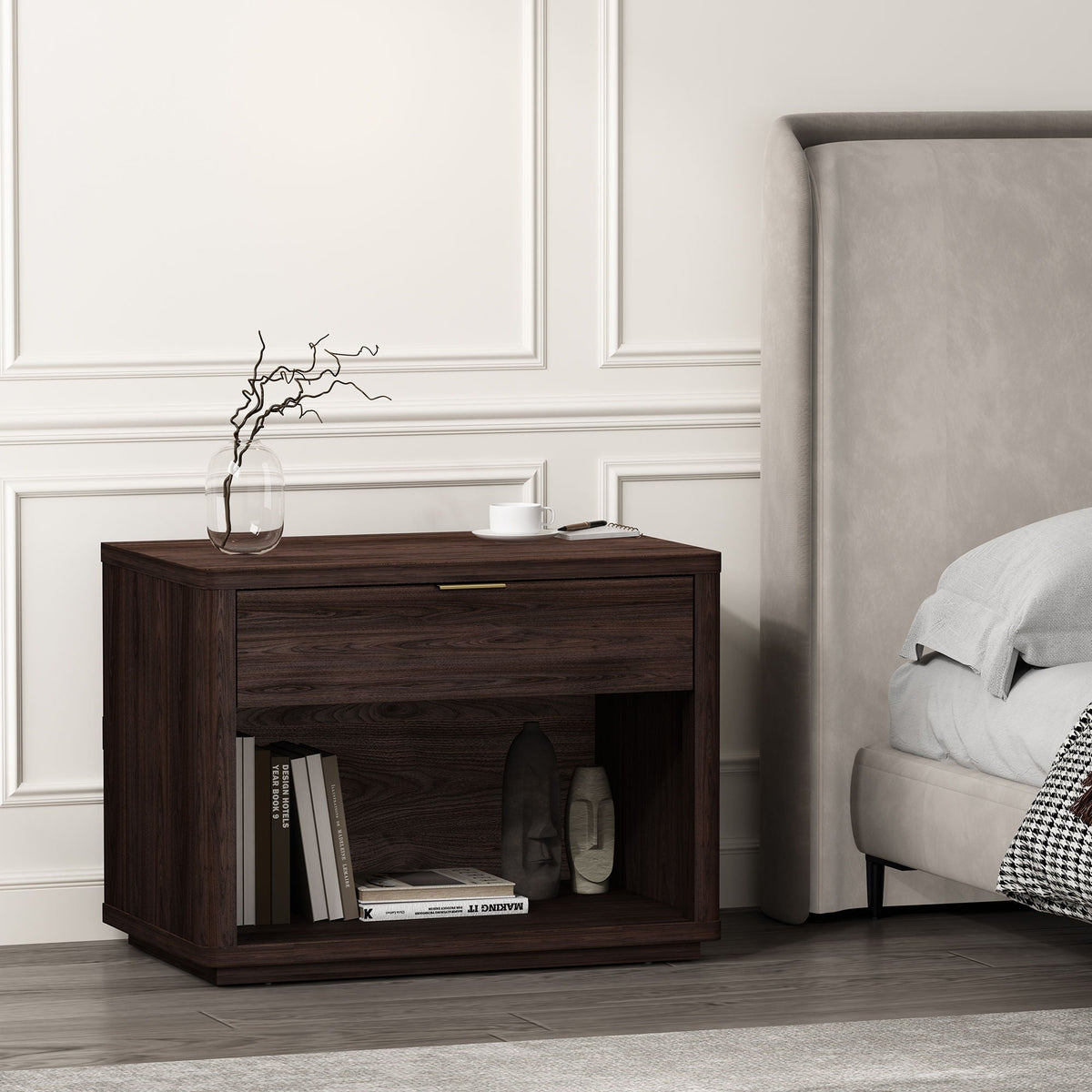 Evelyn Nightstand with 1 Drawer and Open Shelf - Dark Gray, Dark Brown, Light Brown