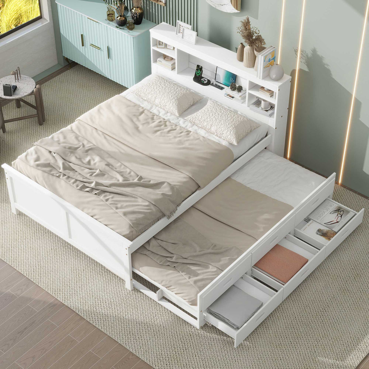 Platform Bed with Storage Headboard, USB, Trundle & 3 Drawers - Twin or Full