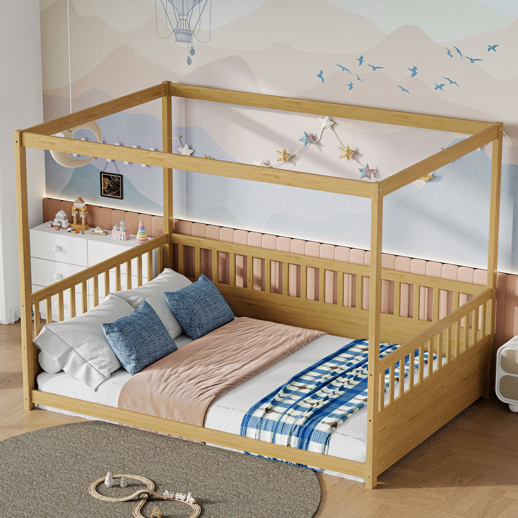 Full Size Canopy Bed Frame with Guardrails for Kids - Pine Wood