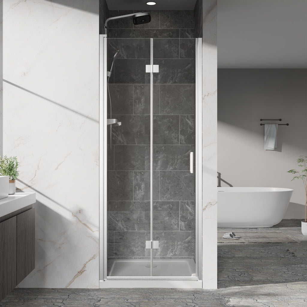 Bifold Frameless Shower Door with Tempered Clear Glass - Pearl Silver or Black