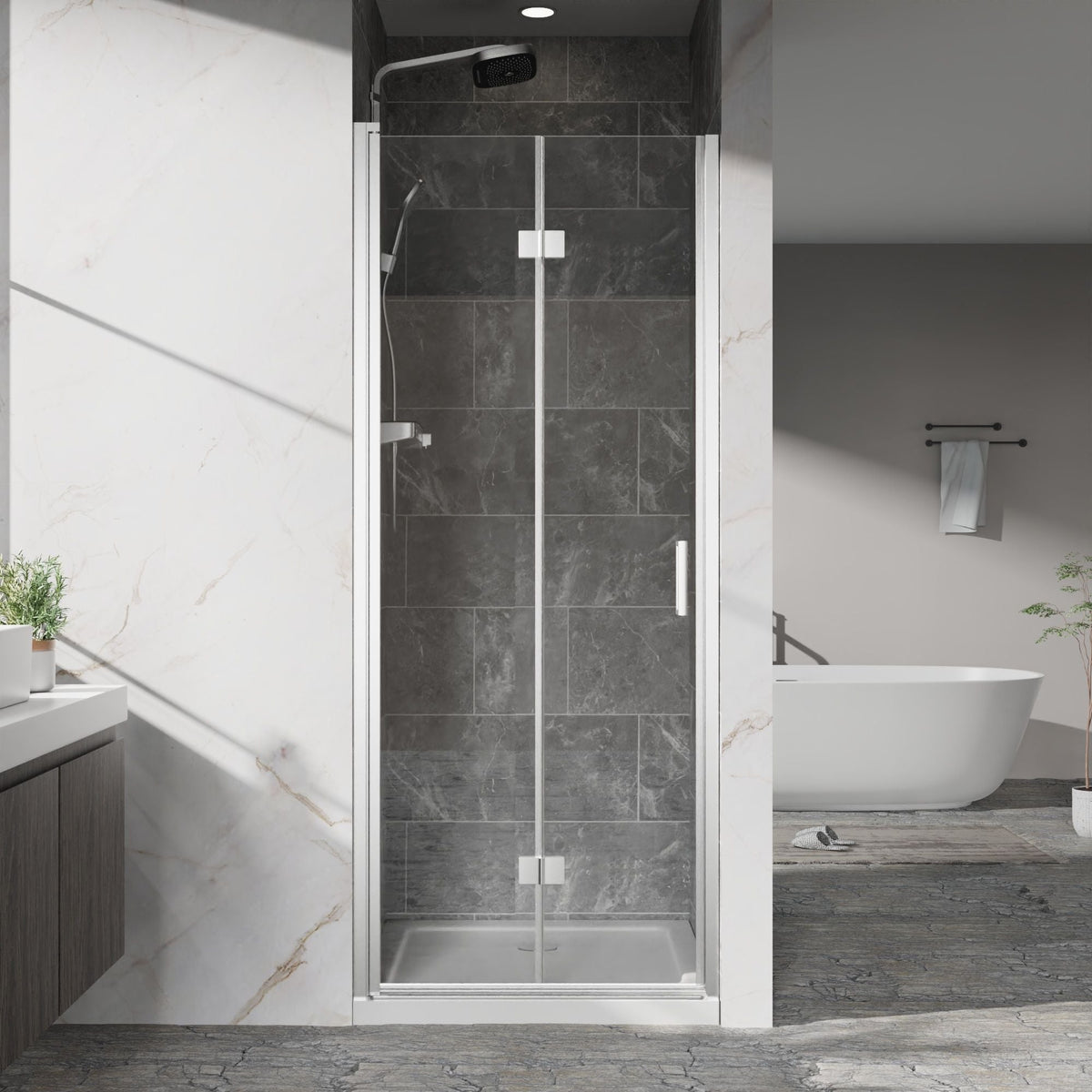 Bifold Frameless Shower Door with Tempered Clear Glass - Pearl Silver or Black