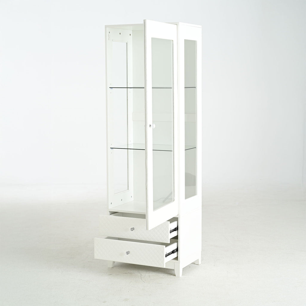 Modern Upholstered Glass Display Cabinet with Adjustable LED Light - White