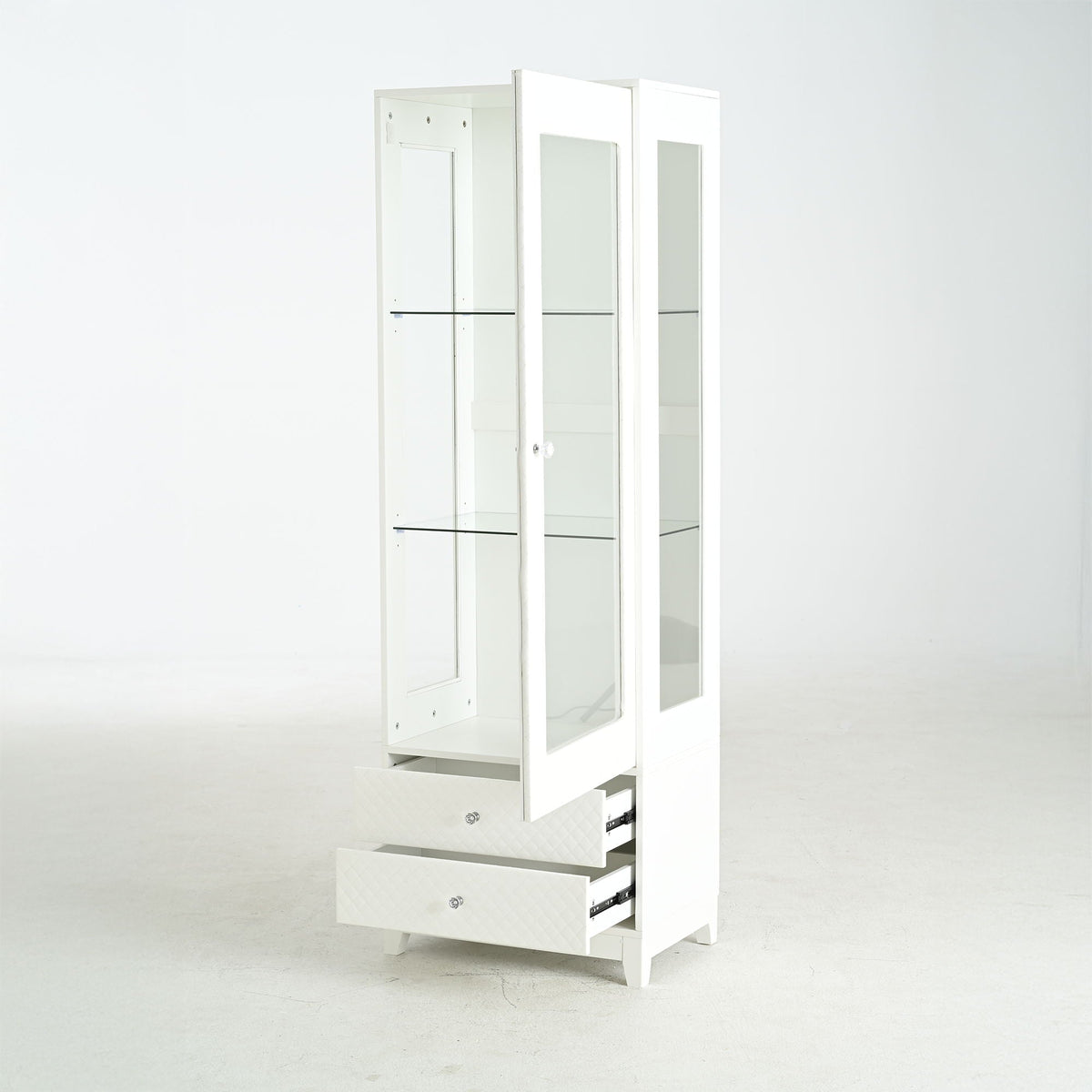 Modern Upholstered Glass Display Cabinet with Adjustable LED Light - White