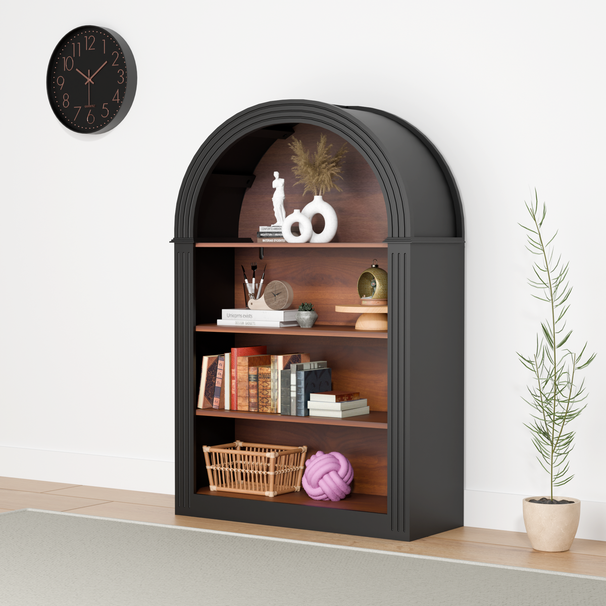 4-Shelf Tall Arched Bookcase with Sturdy MDF Construction - Brown