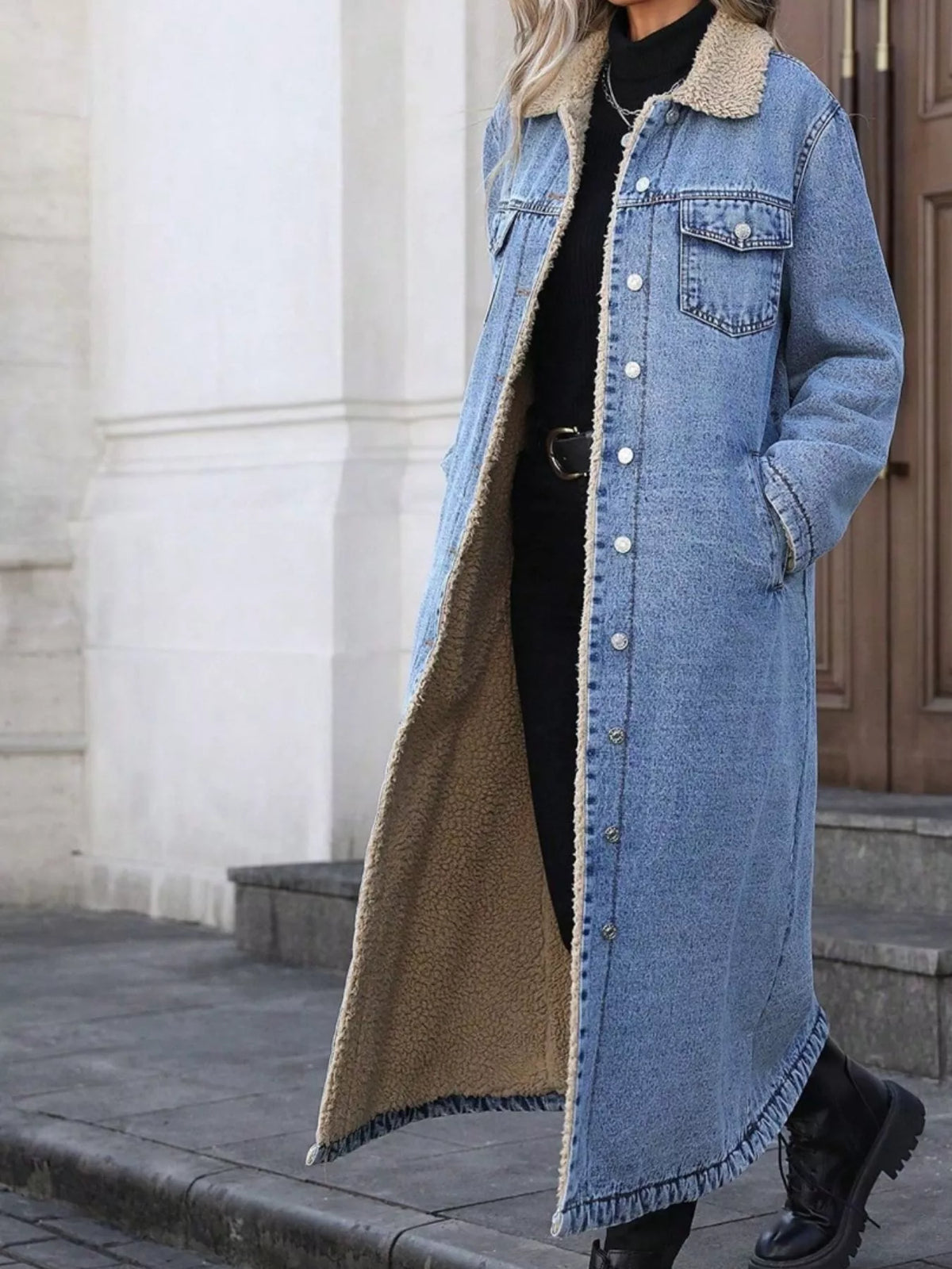 Sherpa Lined Longline Denim Jacket