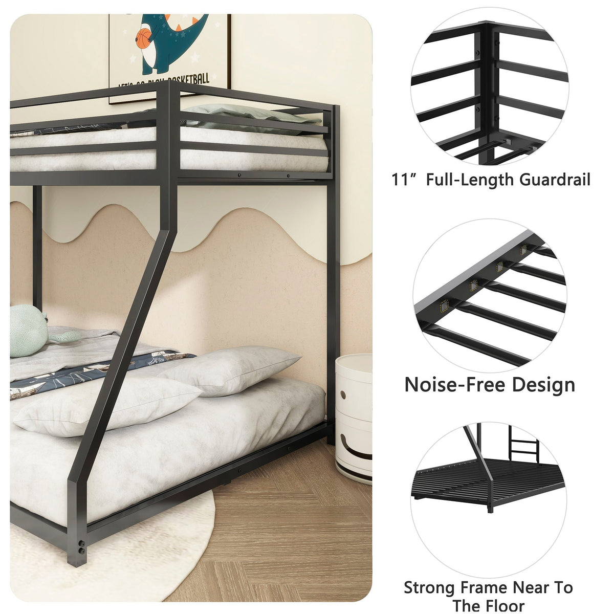 Metal Bunk Bed with Guardrails – Black