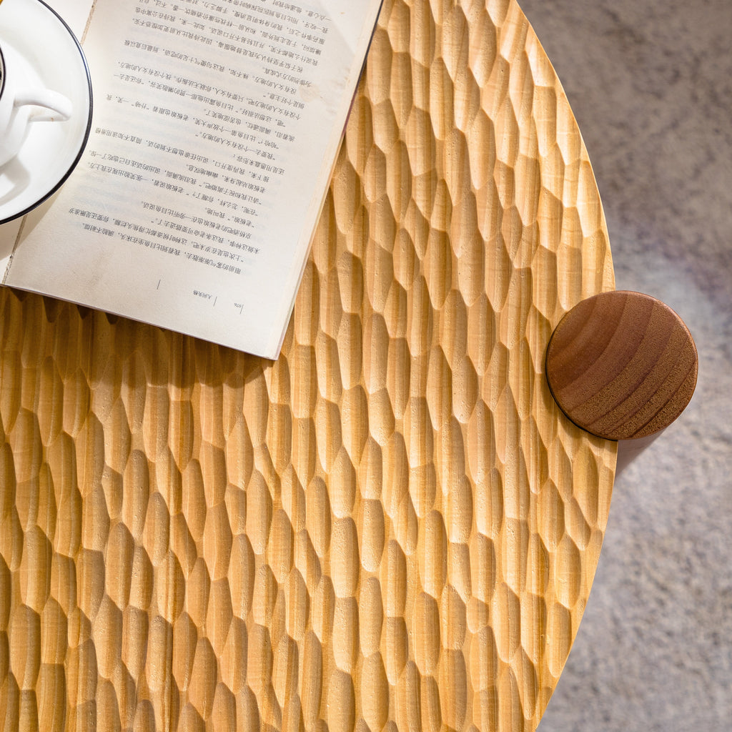 Round Coffee Table with Solid Wood Base and 2-Tier Storage - Natural