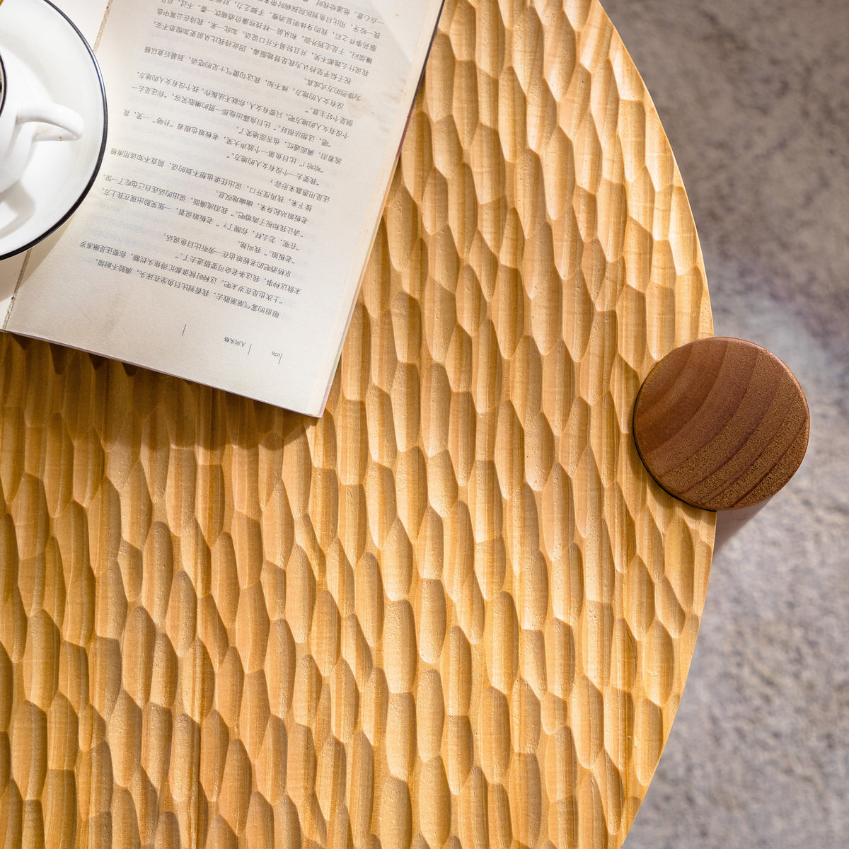 Round Coffee Table with Solid Wood Base and 2-Tier Storage - Natural
